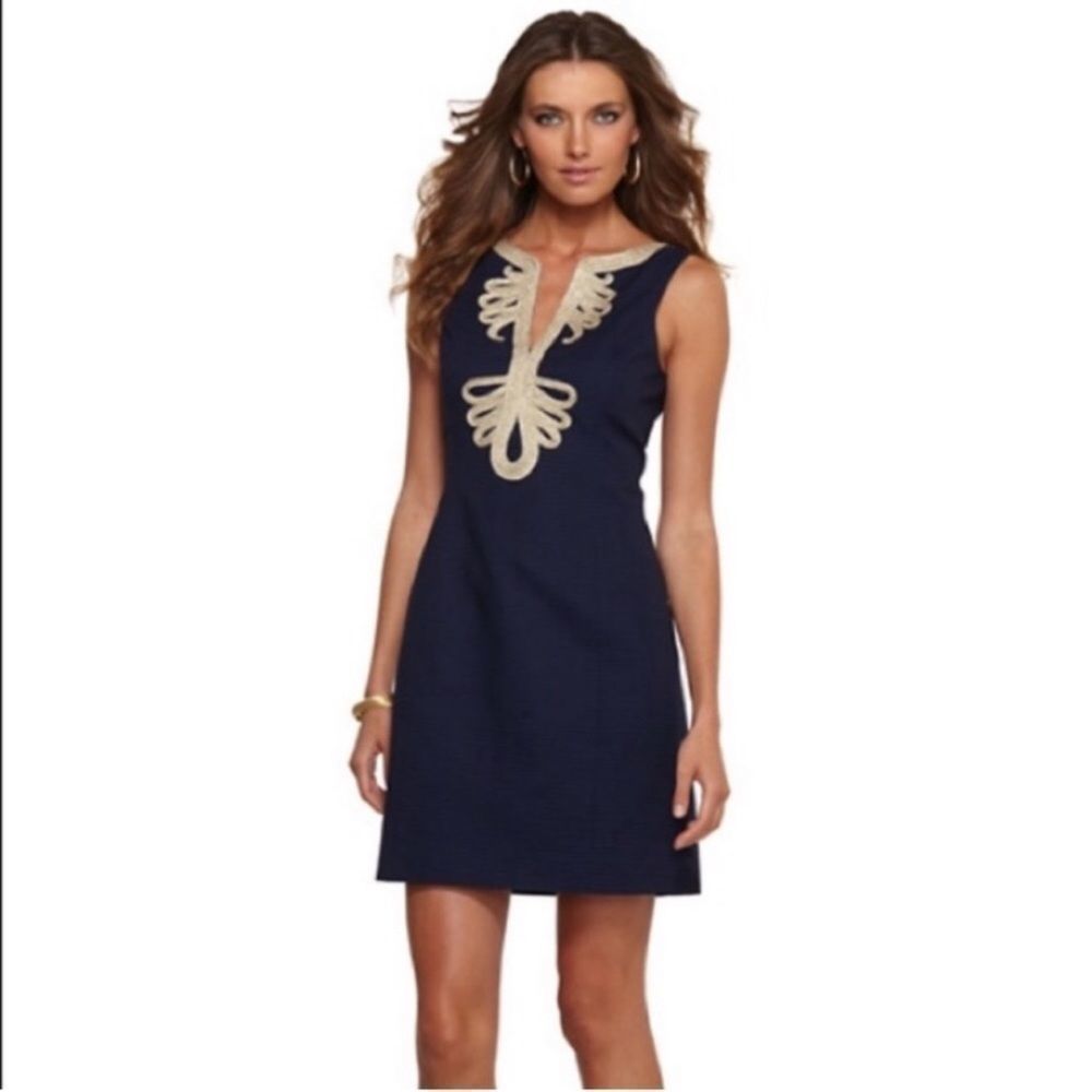 Lilly Pulitzer Blue and Gold Janice Shift Sleeveless Cotton Mini Dress.Size 0